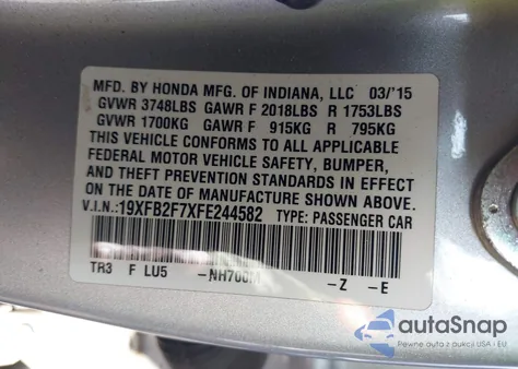 2015 Honda Civic Se из США, поврежденный, VIN 19XFB2F7XFE244582